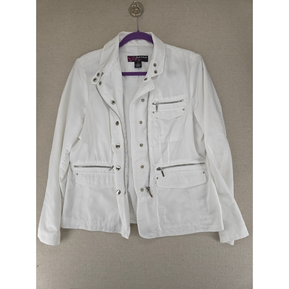 Peck & Peck White Utility Jacket Anorak Lightweight Cargo Moto Zip Large